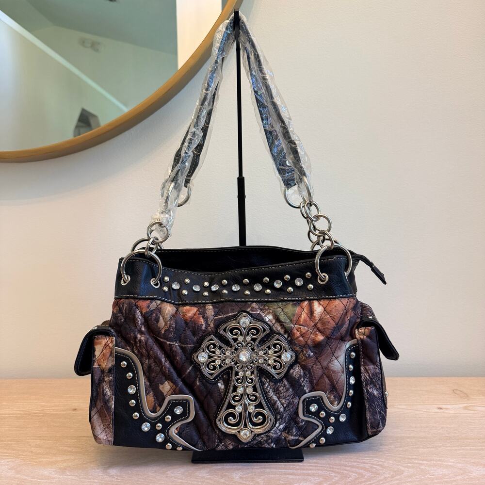 Western Camo Concealed Carry Cross Shoulder Bag Handbag Bling Rhinestone Purse